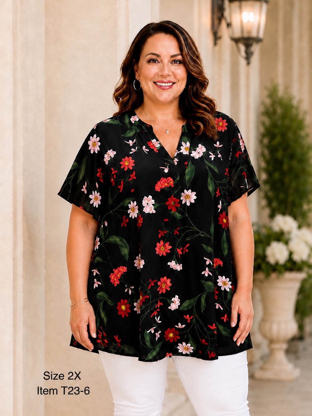 Plus Size Black Floral V-Neck Short Sleeve Blouse